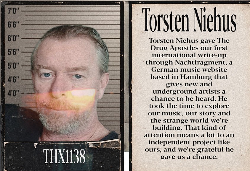 Torsten Niehus, Nachtfragment, The Drug Apostles, The Drug Apostles review, Nachtfragment music review, first international write-up, Racing Thoughts, Gultchy Amore, Hamburg Germany, Iola Kansas, independent music, underground music, experimental punk, industrial rock, post-punk, noise rock, dark electronic music, dystopian music, Sonic Vandalism, The Drug Apostles Accomplices