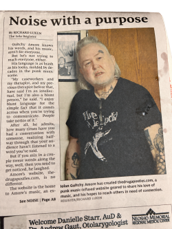 First page of “Noise with a purpose,” by Richard Luken in The Iola Register, October 3, 2026. Features a photograph of Gultchy Amore and an interview about The Drug Apostles, punk music, creative expression and connecting with others. The Drug Apostles, Gultchy Amore, Richard Luken, The Iola Register, Noise with a purpose, Iola Kansas, punk music, experimental music, independent music, artist interview, music and mental health, creative expression, Sonic Vandalism